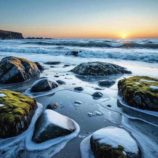 Icy Sunset on Rocky Beach Icy Sunset on Rocky Beach