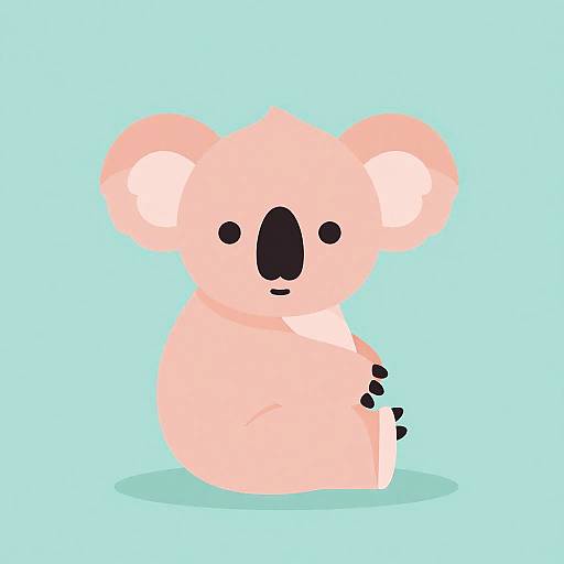 Digital illustration of a cute, pastel pink koala with large white ears, black nose, and simple black eyes, sitting on a light blue shadow