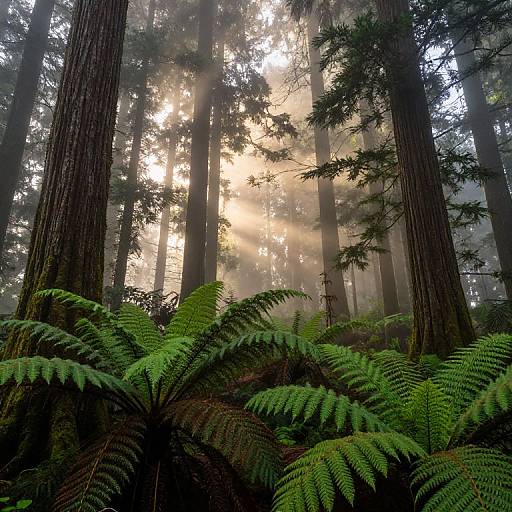 Photograph of a misty redwood forest with sunlight streaming through tall trees, highlighting green ferns in the foreground.