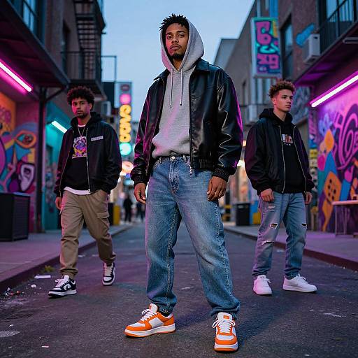 Photograph of three men in urban alleyway at dusk, neon lights, graffiti, central man in black jacket, hood, jeans, orange sneakers.