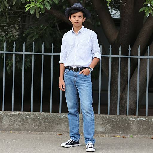 Photograph of a young man with medium brown skin, wearing a white shirt, blue jeans, black hat, black sneakers, and watch, standing in