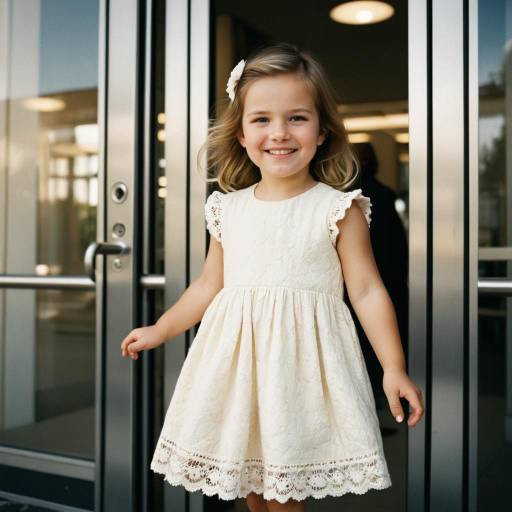 Smiling Toddler Girl in Cream Lace Dress