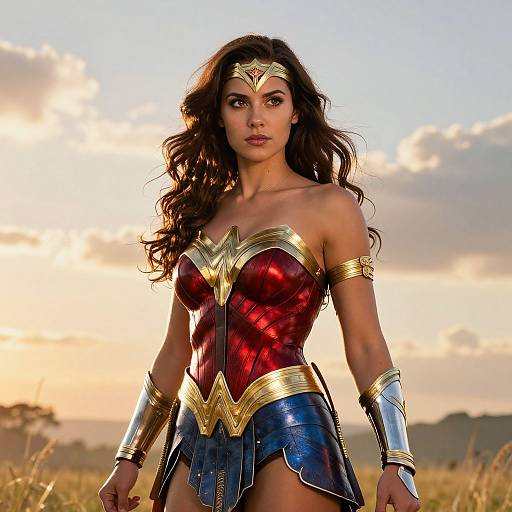 Photograph of a fierce, muscular woman with long brown hair, wearing Wonder Woman's red and gold bodysuit, blue skirt, and silver bracelets