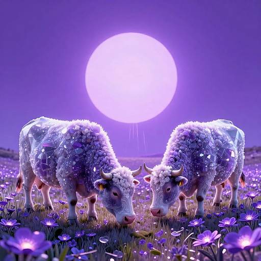 Digital art of two glowing, woolly white cows with purple hues, standing in a field of purple flowers under a bright, full moon.