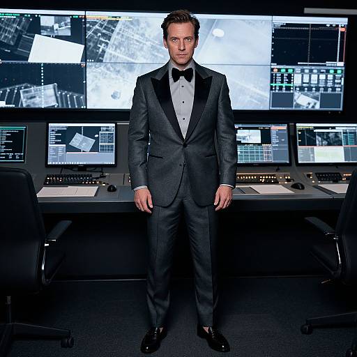 Photograph of a handsome man in a black tuxedo with a black bow tie, standing in a dimly lit control room with multiple computer screens