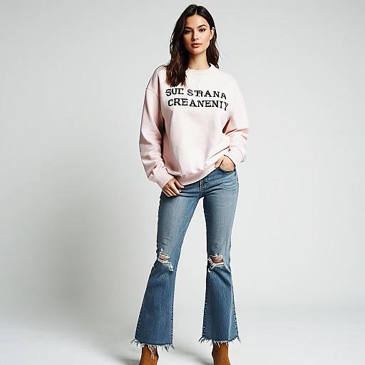 Stylish Woman in Pink Sweatshirt and Bootcut Jeans
