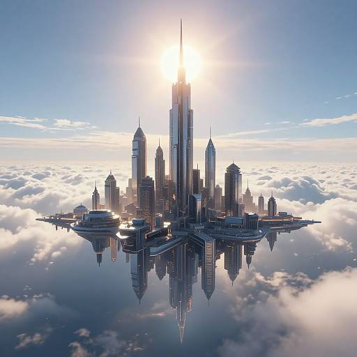 Digital artwork of a futuristic cityscape with towering skyscrapers reflecting on a cloud-covered water surface, bathed in sunlight from above.