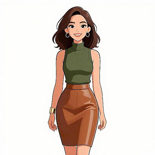 Digital illustration of a smiling woman with medium-length dark brown hair, wearing a green sleeveless turtleneck and brown leather skirt, accessorized with hoop