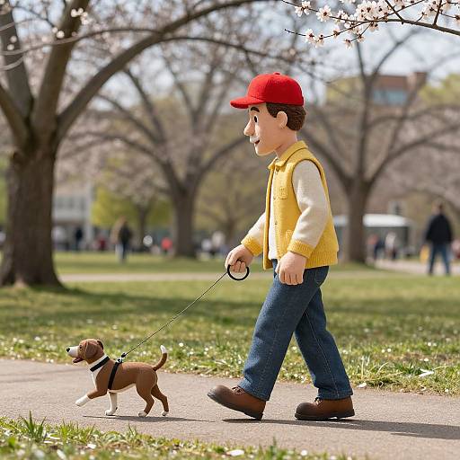 Photograph of a cartoon-style boy in a red cap, yellow vest, and blue jeans walking a small brown dog on a leash in a sunny,
