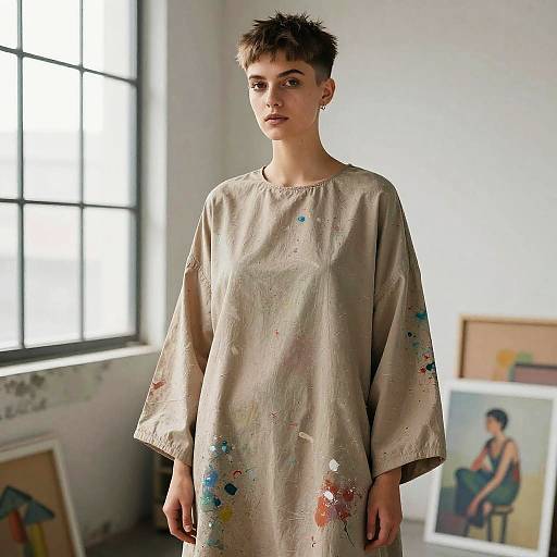 Female Artist with Drop Fade Hairstyle in Paint-Splattered Smock