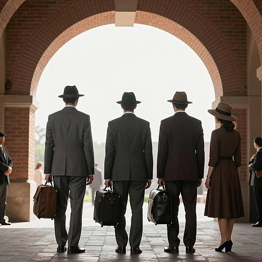 Three People Standing in Brick Archway with Luggage