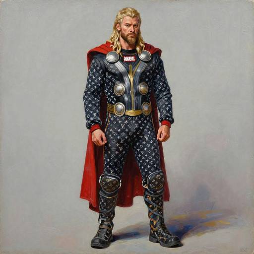Digital painting of a muscular, blonde-bearded man in a star-patterned blue superhero suit with red cape, metallic chest plates, and black boots,