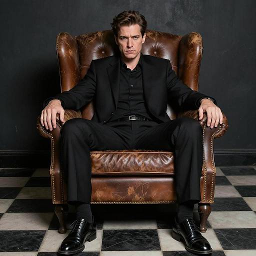 Serious Man in Black Suit Sitting in Leather Armchair
