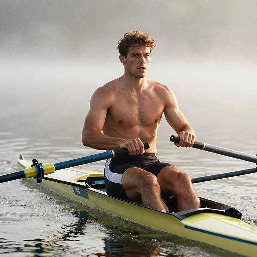 Dynamic Male Rower in Misty Morning