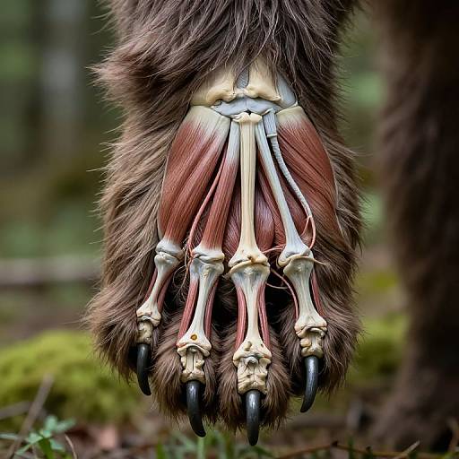 Photograph of a fantastical creature's fur-covered hand with skeletal, clawed fingers and red muscle fibers, hanging in a forest.