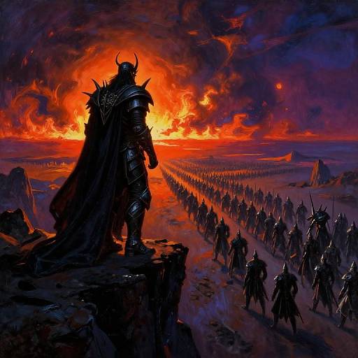 Digital fantasy artwork: Armored, horned warrior stands on cliff, silhouetted against fiery red-orange sky, leading army of dark-clad