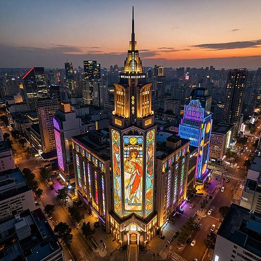 Aerial photograph of a brightly lit, Art Deco skyscraper with vibrant, colorful neon lights at dusk, surrounded by a sprawling cityscape with glowing