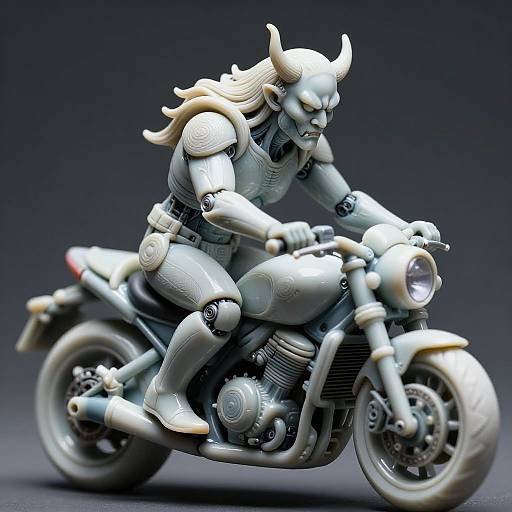 Photograph of a detailed, silver, horned robot riding a sleek, futuristic motorcycle against a dark gray gradient background. Robot has long, flowing hair