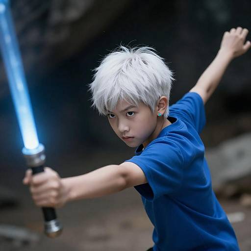 Intense Boy with Glowing Blue Stick