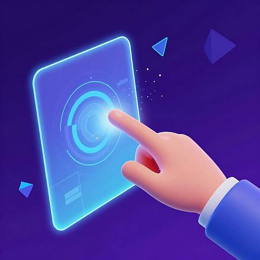 Digital illustration of a hand with a blue-cuffed sleeve, index finger touching a glowing blue, holographic interface on a dark purple background with floating triangles