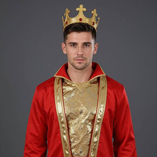 Photograph of a handsome, dark-haired man with a serious expression, wearing a gold crown and a red, gold-embellished royal robe against