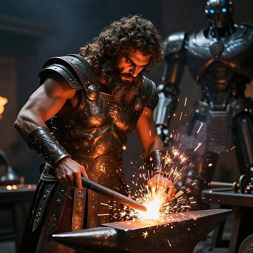 Photograph of a muscular, bearded blacksmith with curly hair in metal armor, sparking a glowing forge in a dimly lit, medieval-style workshop