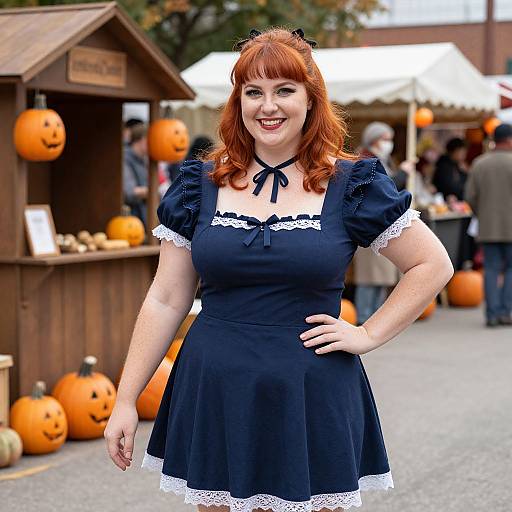 Photograph of a smiling red-haired woman in a black, lace-trimmed, short-sleeve dress with a bow, standing at a pumpkin