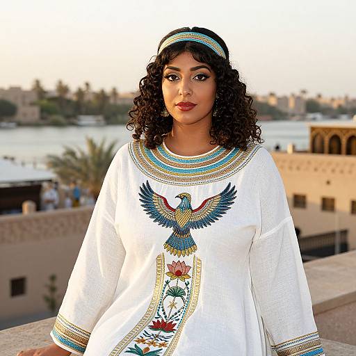 Photograph of a South Asian woman with curly black hair, wearing a white traditional dress with colorful embroidery and a headband, standing outdoors with a blurred