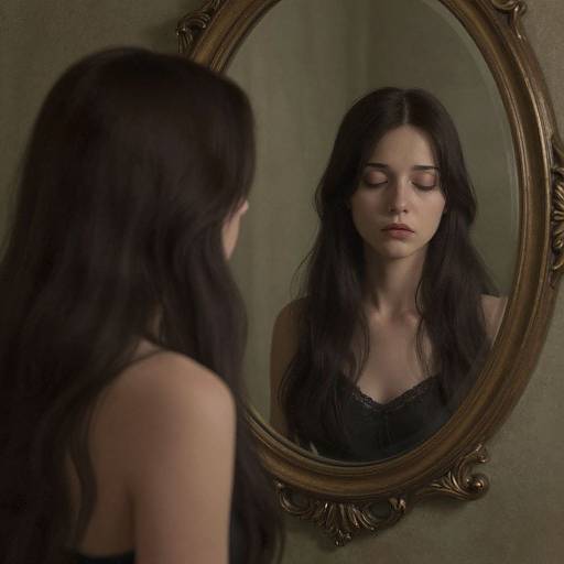 Photograph of a pale-skinned woman with long black hair, wearing a black lace top, gazing at herself in an ornate oval mirror with