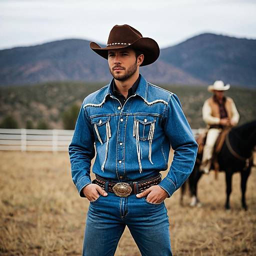 Young Cowboy in Denim Outfit Standing Outdoors