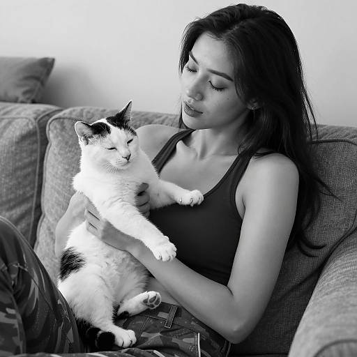 Woman Holding Cat on Couch in Black and White