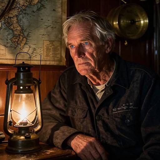 Photograph of an elderly white man with gray hair, wearing a dark shirt, illuminated by a glowing lantern, in a dimly lit room with a