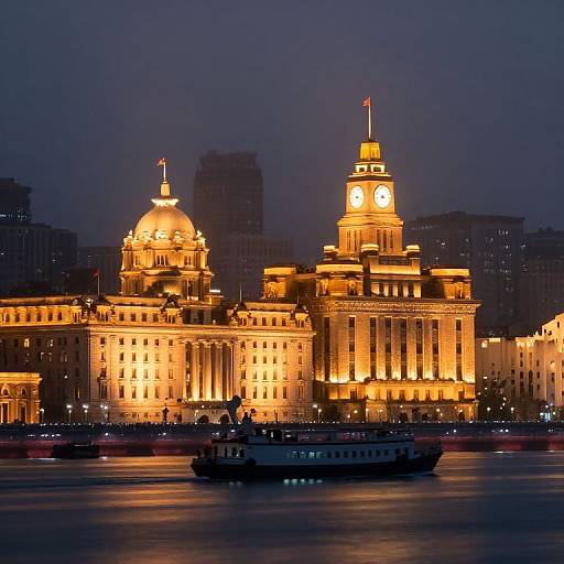 Misty Waterfront City at Night