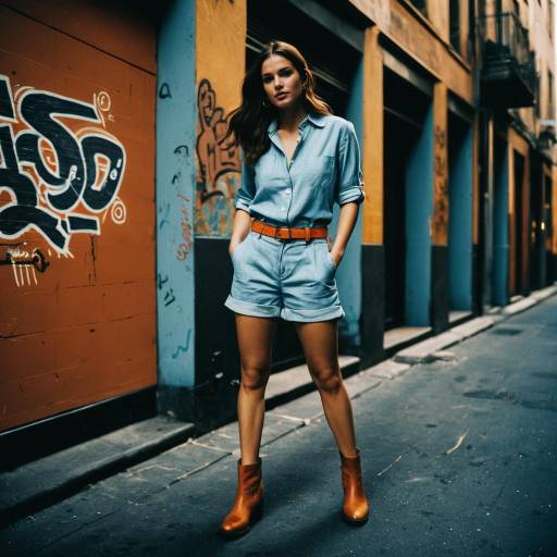 Woman in Casual Chambray Outfit on Urban Street