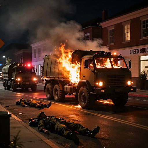 Urban Night Scene with Burning Truck