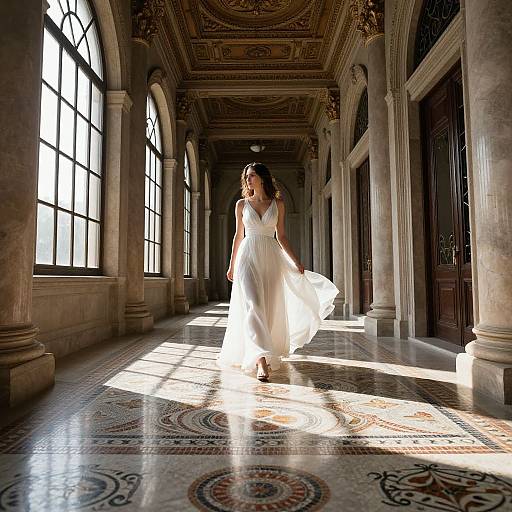Photograph of a bride in a flowing white dress, sunlight casting shadows, walking down an ornate, sunlit hallway with intricate ceiling designs and large