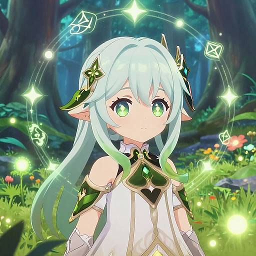 Digital anime-style drawing of a cute, light-blue-haired girl with green eyes, elf ears, and green accents, surrounded by glowing magical symbols in a