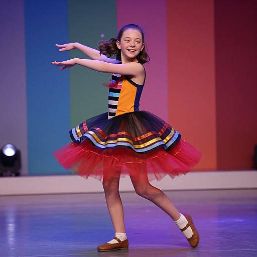 Photograph of a smiling young girl dancing on stage, wearing a colorful, striped dress with orange, black, and red tulle, brown shoes,