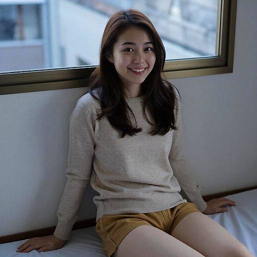 Photograph of a smiling young Asian woman with long dark hair, wearing a beige sweater and yellow shorts, sitting by a window.