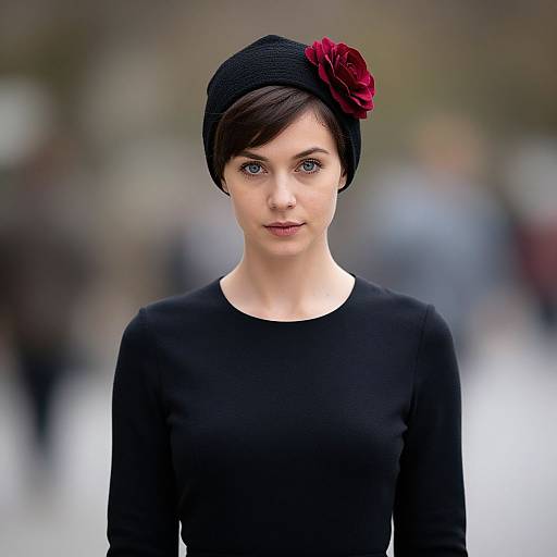 Photograph of a fair-skinned woman with short brown hair, wearing a black knit hat with a red flower, and a black long-sleeve
