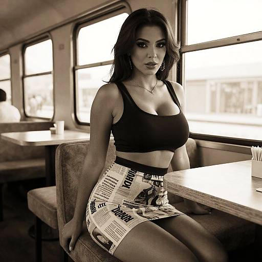 Photograph of a dark-haired woman with heavy makeup, wearing a black crop top and newspaper-patterned skirt, seated in a sunlit train carriage.