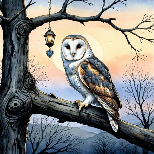 Barn Owl on Tree Branch at Dusk
