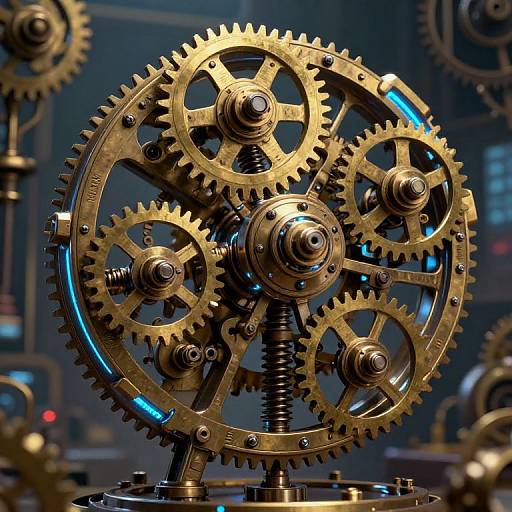 Photorealistic CGI of intricate brass gears with blue neon accents, set against a blurred industrial background of more gears.