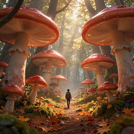 Photograph of a forest path with towering red-capped mushrooms, sunlight filtering through trees, a silhouette of a person walking, autumn leaves on the ground
