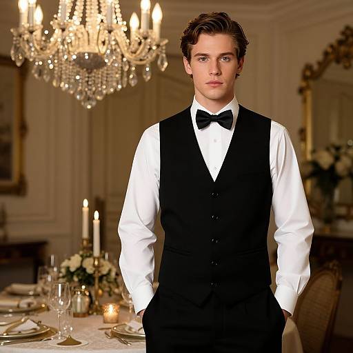 Photograph of a handsome male waiter with fair skin and brown hair, wearing a black vest, white shirt, and black bow tie, standing in an