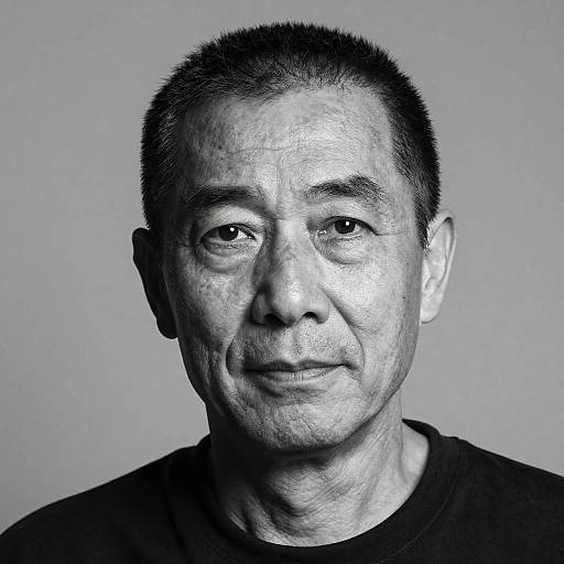 Black-and-white photograph of an Asian man with short, dark hair, wearing a plain black shirt, looking directly at the camera.