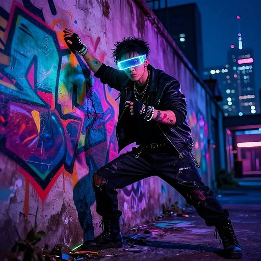 Neon-lit photograph of a spiky-haired man in black leather and sunglasses, posing against a colorful graffiti wall at night. Urban cityscape in