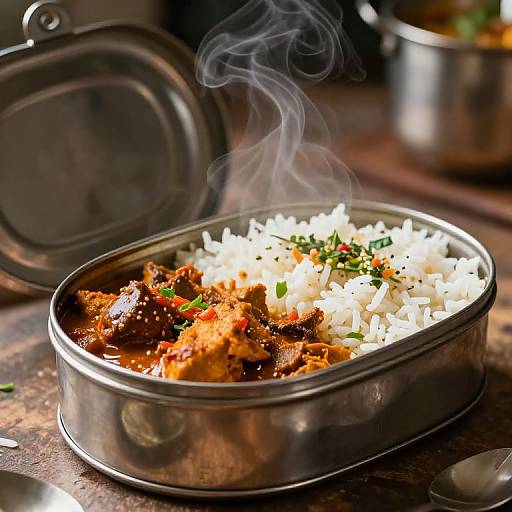 Close-Up of Steaming Indian Tiffin Box