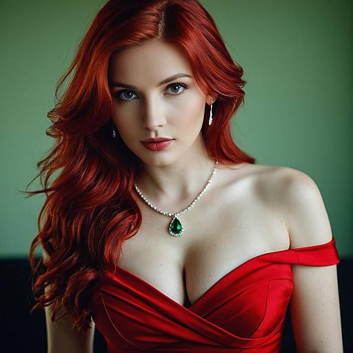 Red-haired woman in elegant red dress
