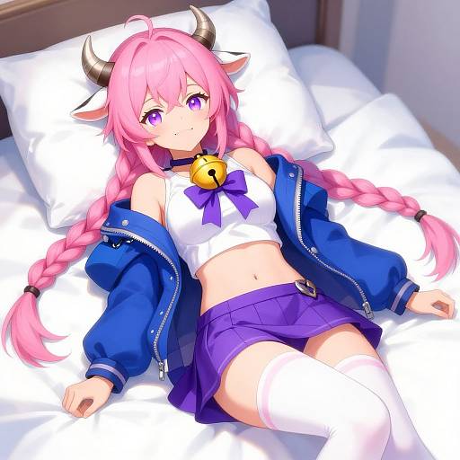 Anime-style digital drawing of a pink-haired girl with horns, purple eyes, wearing a blue jacket, white crop top, purple skirt, and thigh-high